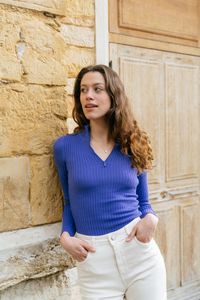 Sous-pull côtelé col zippé violet en coton bio - alaale troyer vibrant violet