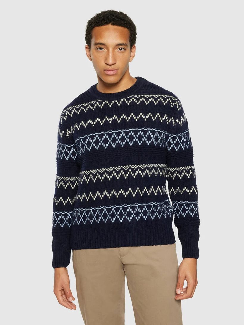 Pull en laine certifiée | bleu "knitted pattern crew neck blue stripe" - Knowledge Cotton Apparel