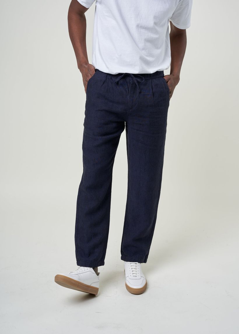 Pantalon en lin bio | marine "loose linen pant total eclipse" - Knowledge Cotton Apparel