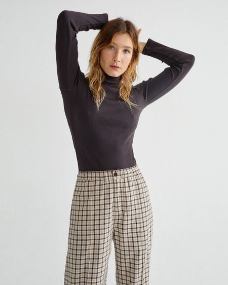 T-shirt manches longues col cheminé marron en coton bio - aine