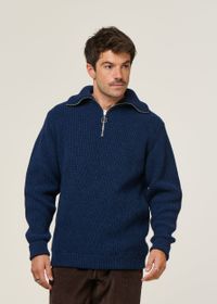 Pull maille col zippé en laine recyclée | bleu "heavy knit troyer wool-blend - blue melange"