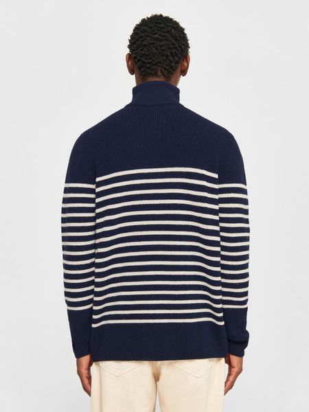 Pull col camionneur en laine bio | marine "1/2 neck zip merino wool rib knit blue stripe" - Knowledge Cotton Apparel