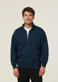 Sweat camionneur col zippé en coton bio | marine "quarter zip navy blue"