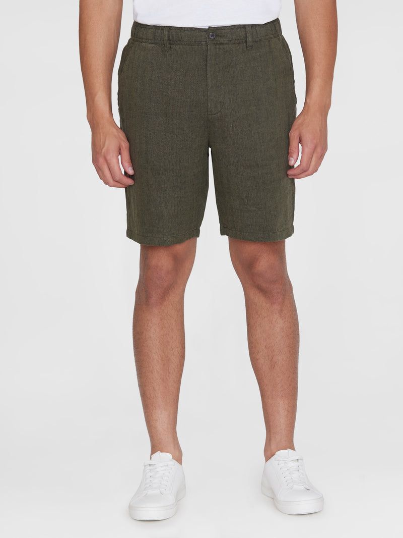 Short en lin bio | olive "fig loose linen shorts burned olive" - Knowledge Cotton Apparel