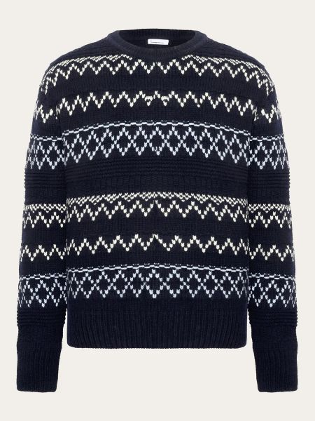 Pull en laine certifiée | bleu "knitted pattern crew neck blue stripe" - Knowledge Cotton Apparel