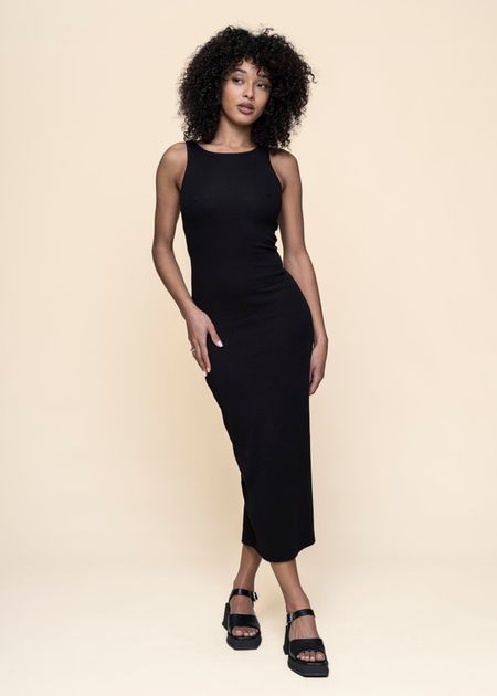Robe longue côtelée en coton bio | noir "rib dress motala black"