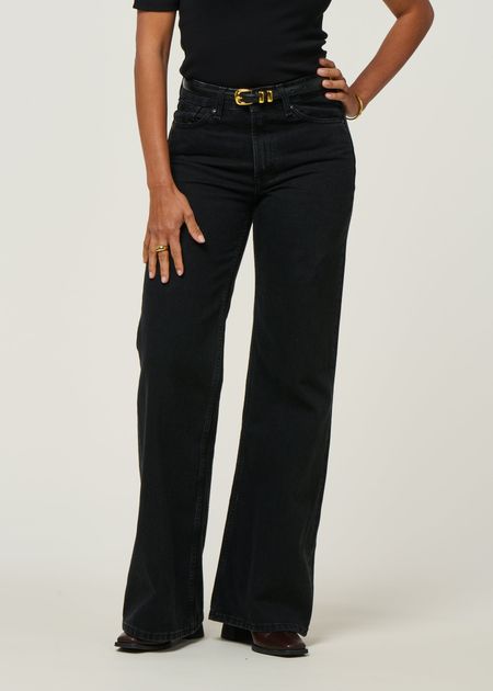 Jean évasé en coton bio et recyclé | noir "jane - holo black used" - Kings of Indigo