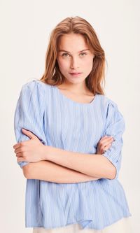 Blouse bleue rayée en ecovero - lily puff sleeve chambray blue