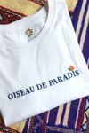 T-shirt brodé blanc en coton bio - message "oiseau de paradis" - Johnny Romance