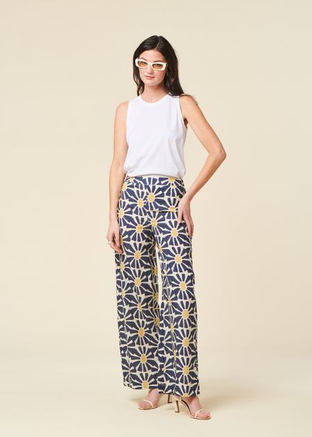 Pantalon ample en coton bio | bleu fleuri "marisol wide leg navy" - Brava Fabrics