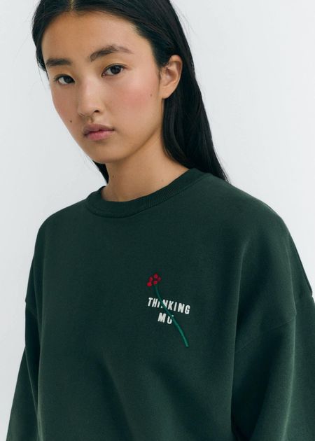 Sweatshirt brodé en coton bio | vert "flower tm bottle green jodie sweatshirt - green" - Thinking Mu