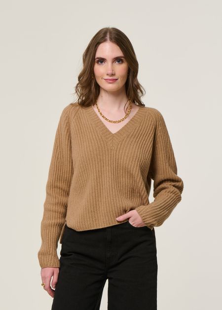 Pull col v en cachemire recyclé | camel "manon - beige sughero" - Rifò