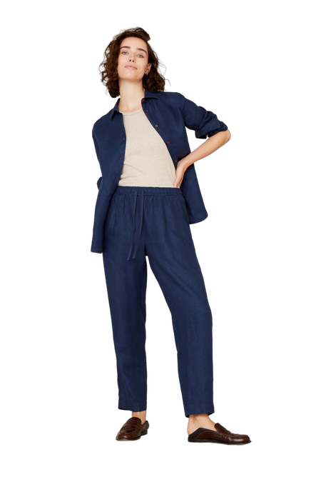 Pantalon marine en lin - lourdes worker blue linen