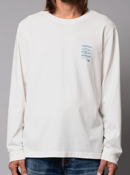 T-shirt manches longues blanc imprimé en coton bio - rudi blueprint chalk white