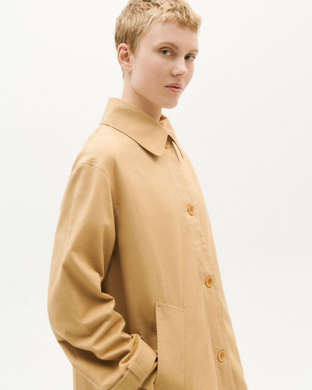 Trench long camel en coton bio - macarena jacket camel femme - Thinking Mu