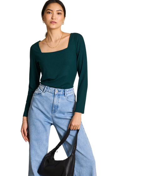 T-shirt manches longues col carré en tencel | vert "fria bottle green"