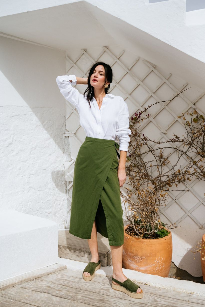 Jupe portefeuille en lin et coton bio | vert "hanna wrap skirt hs - pine green" - Kuyichi