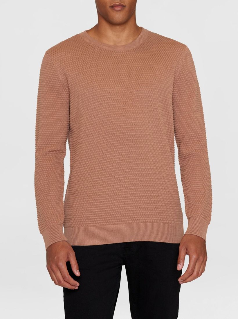 Pull tricoté en coton bio | marron "vagn regular bubble knit crew neck chocolate malt" - Knowledge Cotton Apparel