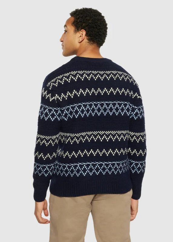 Pull en laine certifiée | bleu "knitted pattern crew neck blue stripe" - Knowledge Cotton Apparel