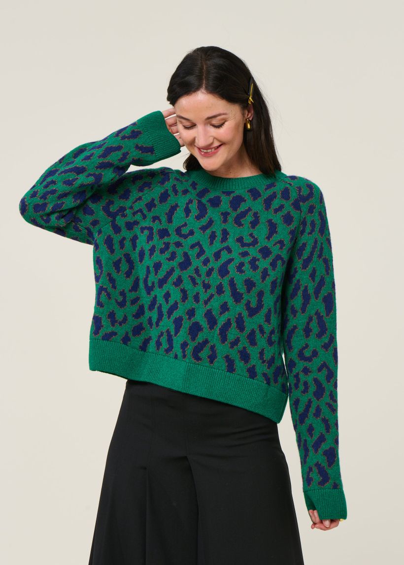 Pull à motif léopard en laine et coton bio | vert "diliriaa leopaa - emerald green" - Armedangels