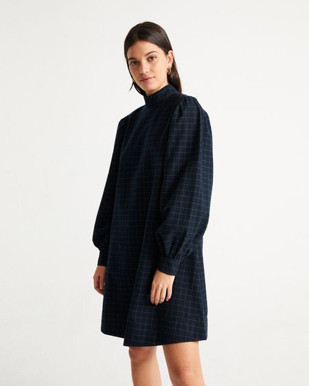 Robe manches bouffantes à carreaux marine en coton bio - flora navy checks