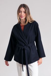 Manteau kimono en laine recyclée | marine "giacca kimono donna lana rigenerata ginko"