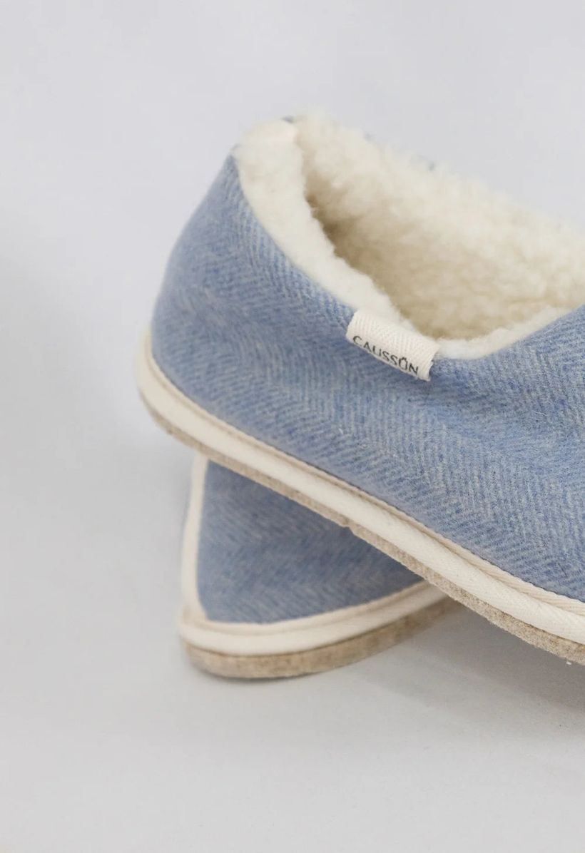 Chaussons en laine francaise | bleu "marcel chevrons bleu" - Caussun