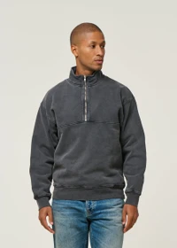 Sweat camionneur col zippé en coton bio | noir "faded black"