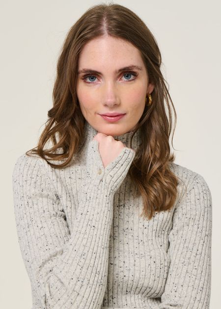 Pull côtelé en coton bio et laine | gris chiné "alaania tweed - oatmilk-black" - Armedangels