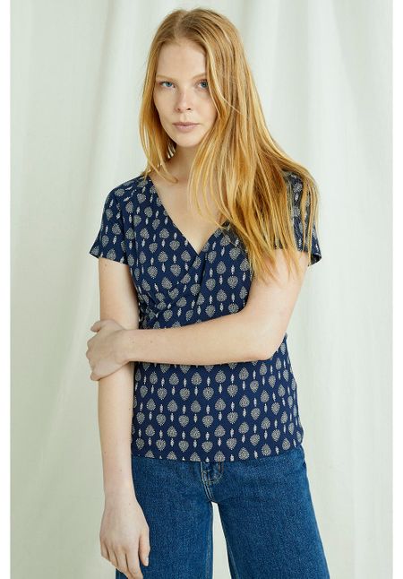 T-shirt cache-coeur marine à imprimés blancs en coton bio - kaveri