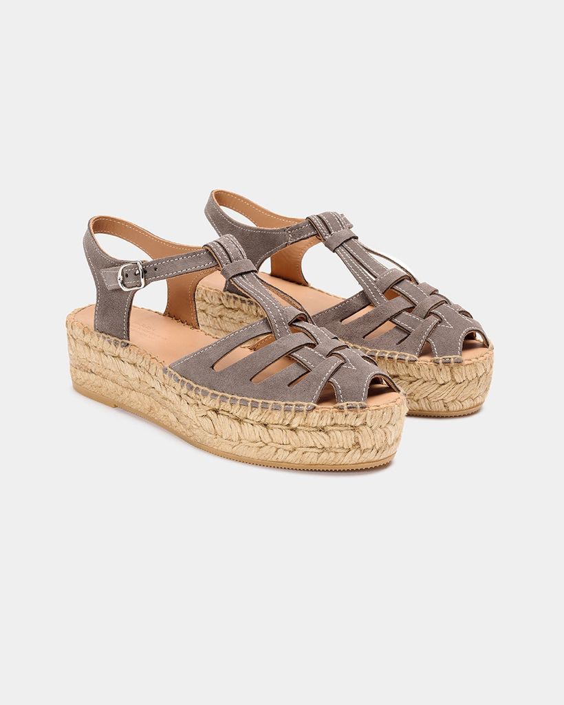 Espadrilles compensées en cuir certifié et jute |gris "bemol tos gris" - Naguisa