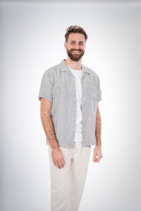 Chemise à manches courtes rayée vert forêt en lin - wave