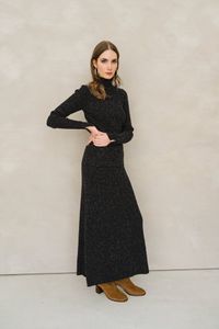 Jupe longue côtelée en coton bio et laine | noir "hanaa tweed - black-oatmilk"