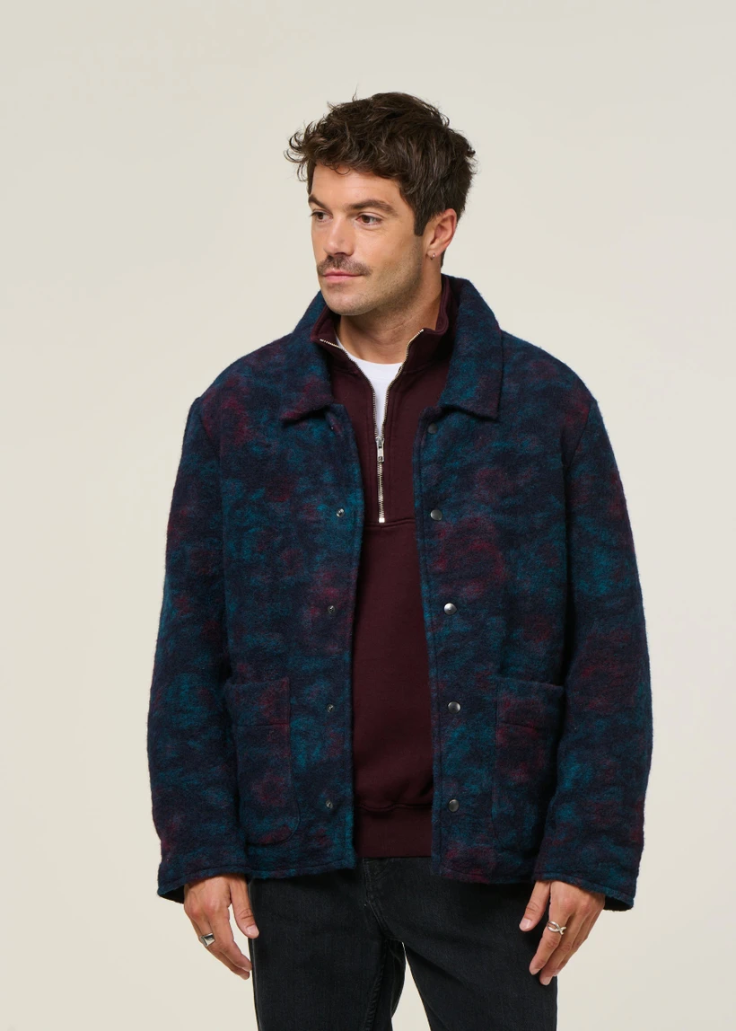 Veste en laine et coton bio | multicolore "button-down jacket wool-blend - dark watercolor" - Rotholz
