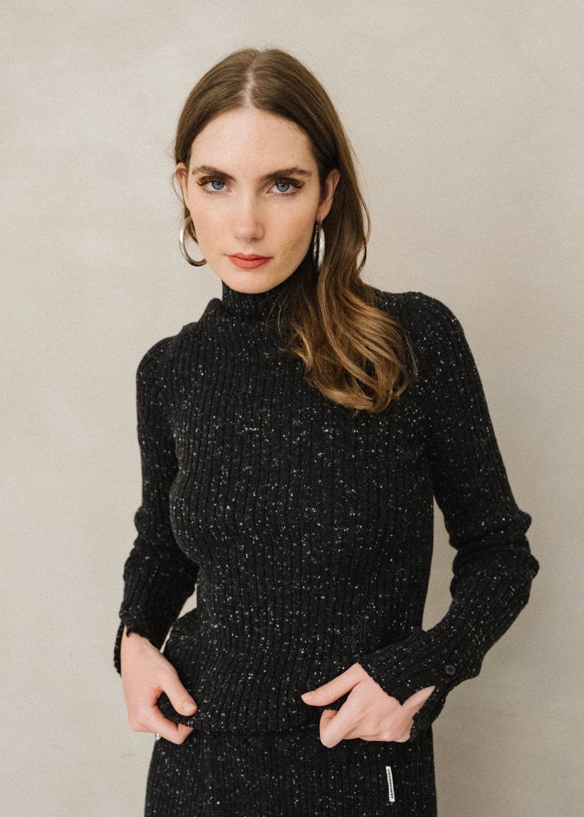 Pull côtelé en coton bio et laine | noir "alaania tweed - black-oatmilk" - Armedangels